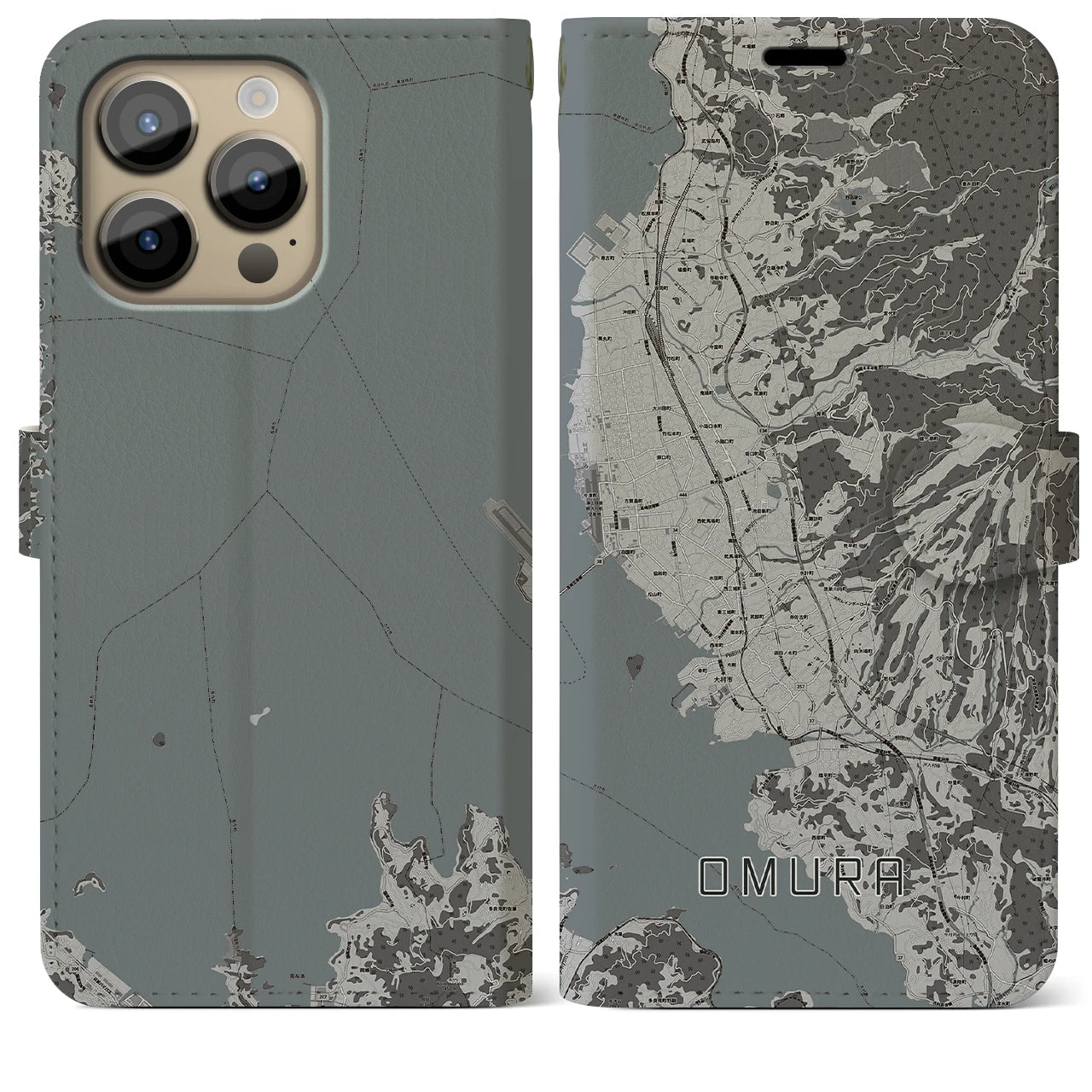 【大村(長崎県)】地図柄iPhoneケース(手帳タイプ)モノトーン・iPhone 14 Pro Max 用