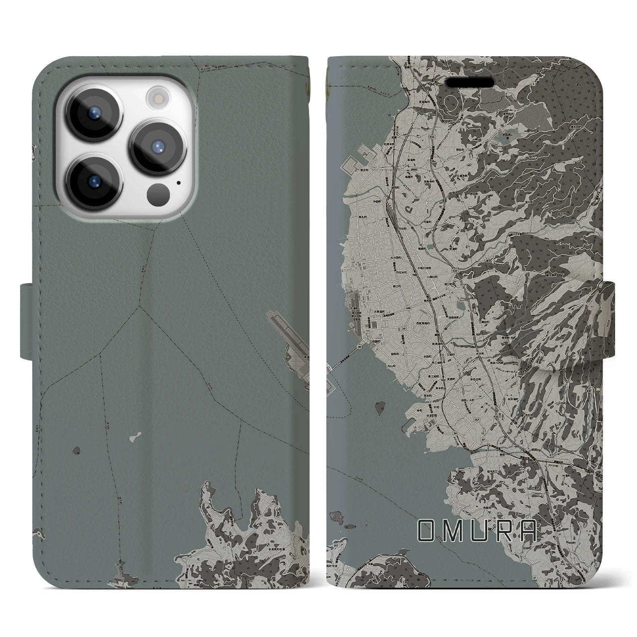 【大村(長崎県)】地図柄iPhoneケース(手帳タイプ)モノトーン・iPhone 14 Pro 用