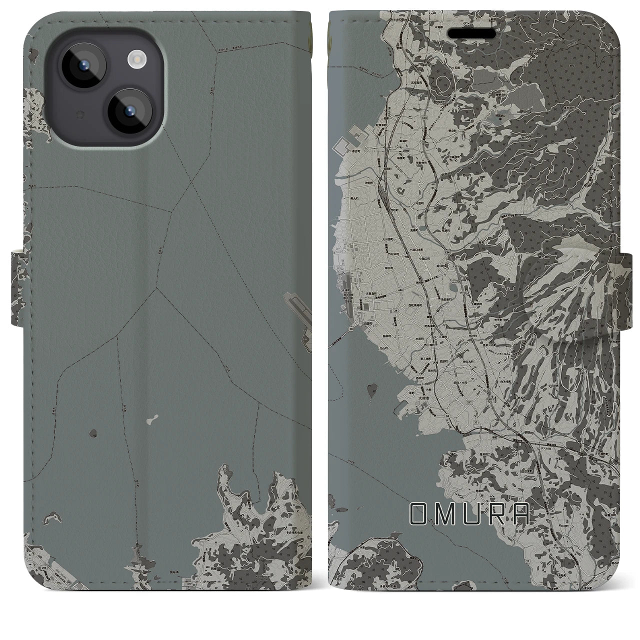 【大村(長崎県)】地図柄iPhoneケース(手帳タイプ)モノトーン・iPhone 14 Plus 用