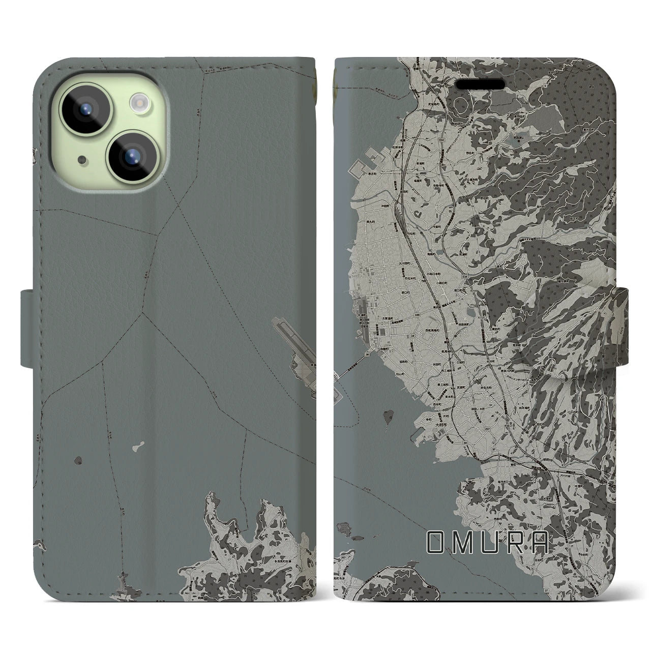 【大村(長崎県)】地図柄iPhoneケース(手帳タイプ)モノトーン・iPhone 15 用