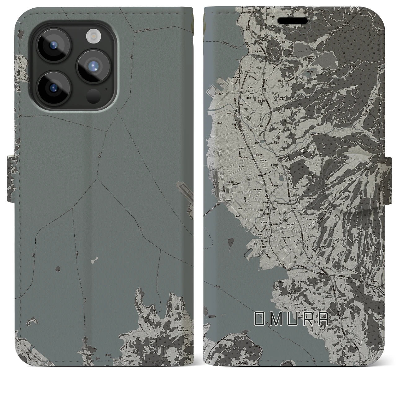 【大村(長崎県)】地図柄iPhoneケース(手帳タイプ)モノトーン・iPhone 15 Pro Max 用