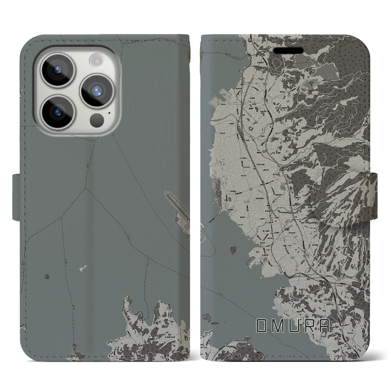 【大村(長崎県)】地図柄iPhoneケース(手帳タイプ)モノトーン・iPhone 15 Pro 用