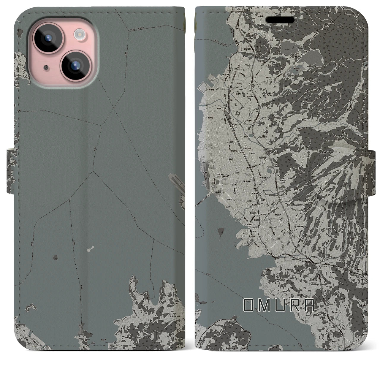 【大村(長崎県)】地図柄iPhoneケース(手帳タイプ)モノトーン・iPhone 15 Plus 用