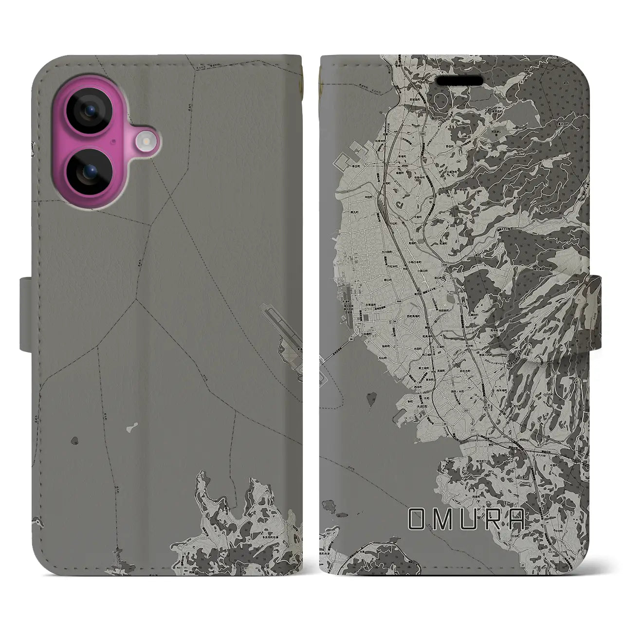 【大村(長崎県)】地図柄iPhoneケース(手帳タイプ)モノトーン・iPhone 16 Pro 用