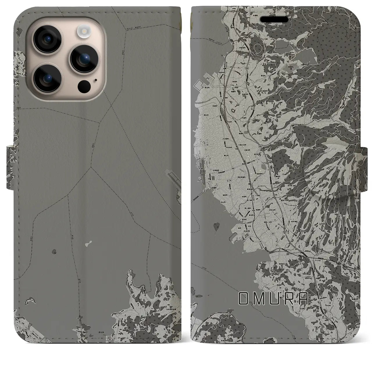 【大村(長崎県)】地図柄iPhoneケース(手帳タイプ)モノトーン・iPhone 16 Plus 用