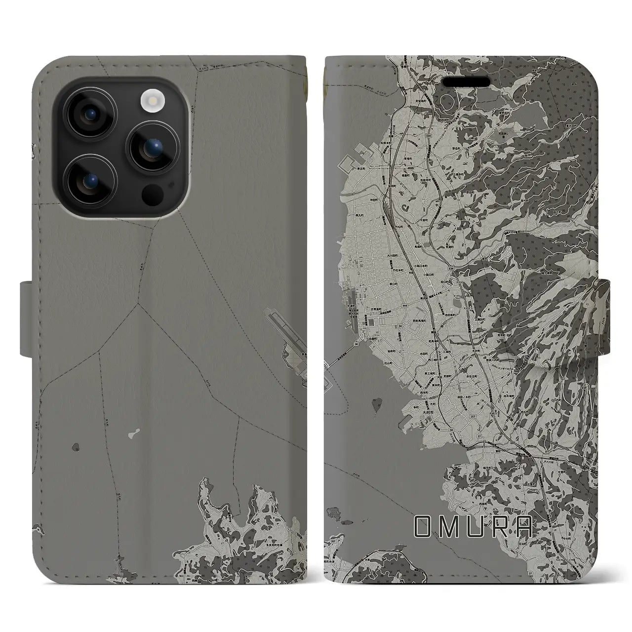 【大村(長崎県)】地図柄iPhoneケース(手帳タイプ)モノトーン・iPhone 16 用