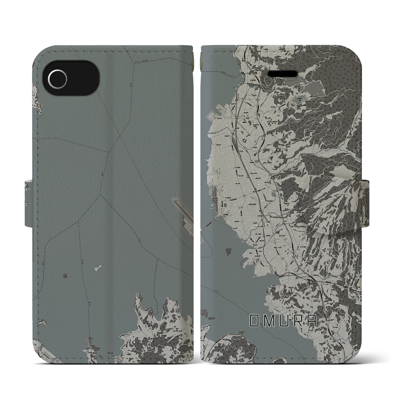 【大村(長崎県)】地図柄iPhoneケース(手帳タイプ)モノトーン・iPhone SE(第3 / 第2世代) / 8 / 7 / 6s / 6 用