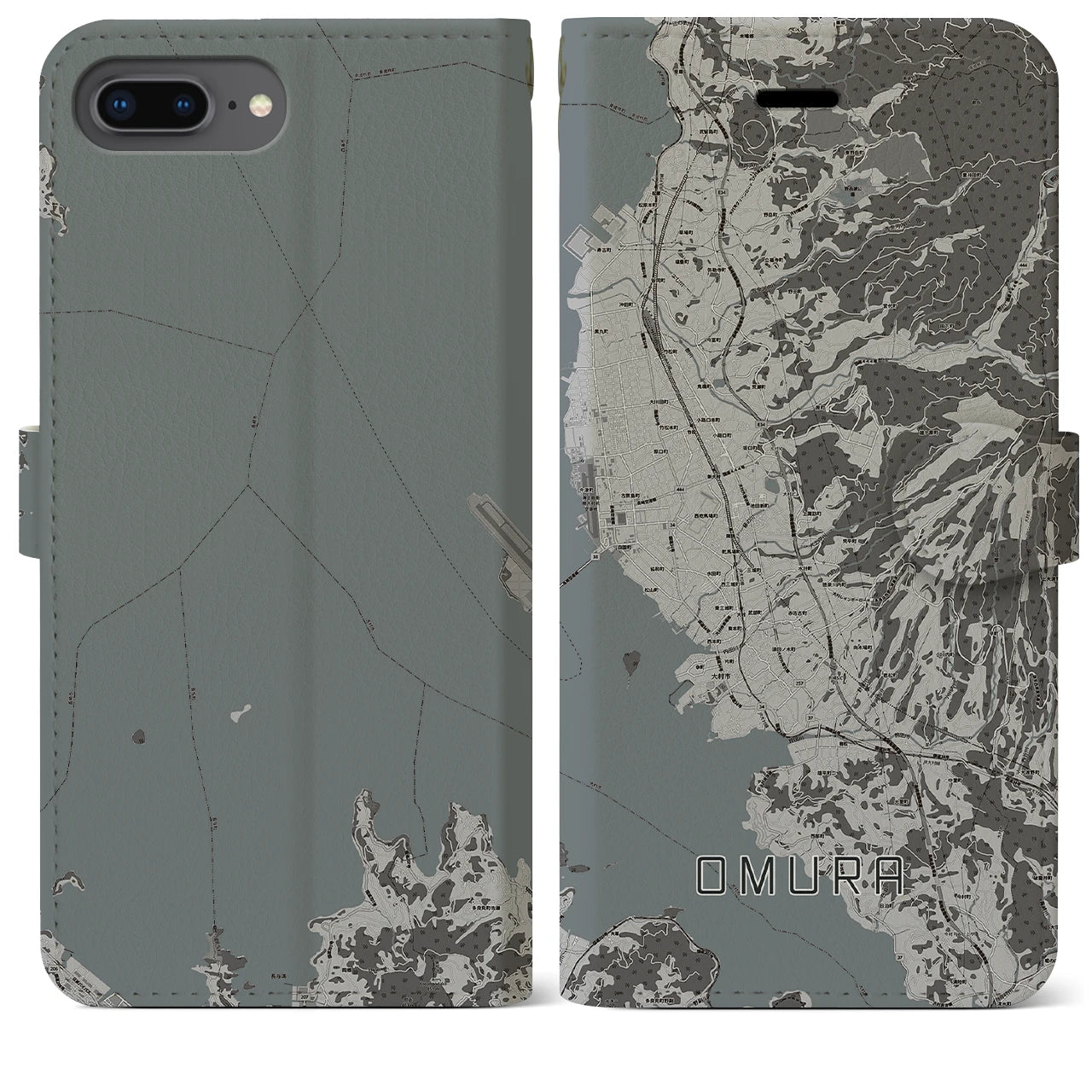【大村(長崎県)】地図柄iPhoneケース(手帳タイプ)モノトーン・iPhone 8Plus /7Plus / 6sPlus / 6Plus 用