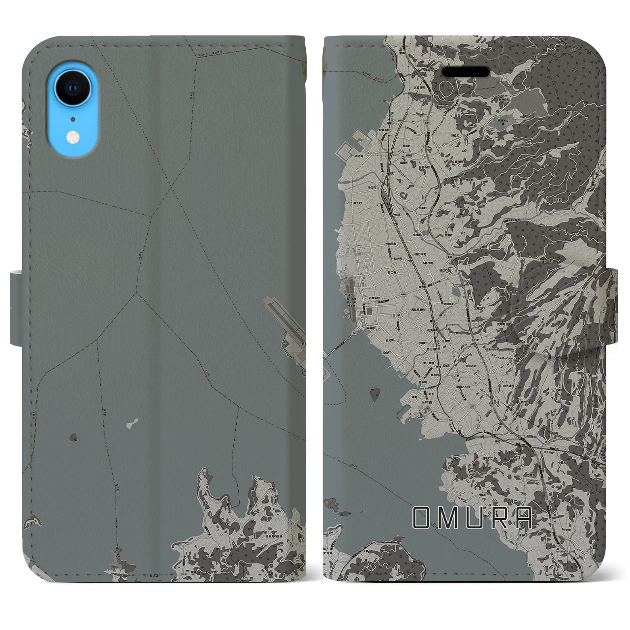 【大村(長崎県)】地図柄iPhoneケース(手帳タイプ)モノトーン・iPhone XR 用