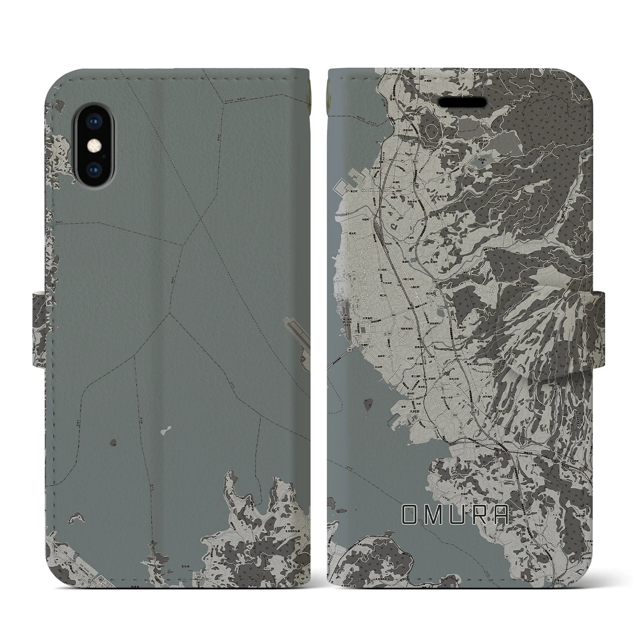 【大村(長崎県)】地図柄iPhoneケース(手帳タイプ)モノトーン・iPhone XS / X 用