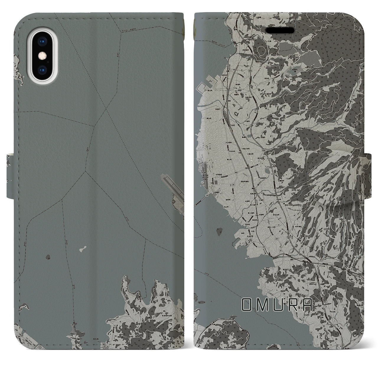 【大村(長崎県)】地図柄iPhoneケース(手帳タイプ)モノトーン・iPhone XS Max 用