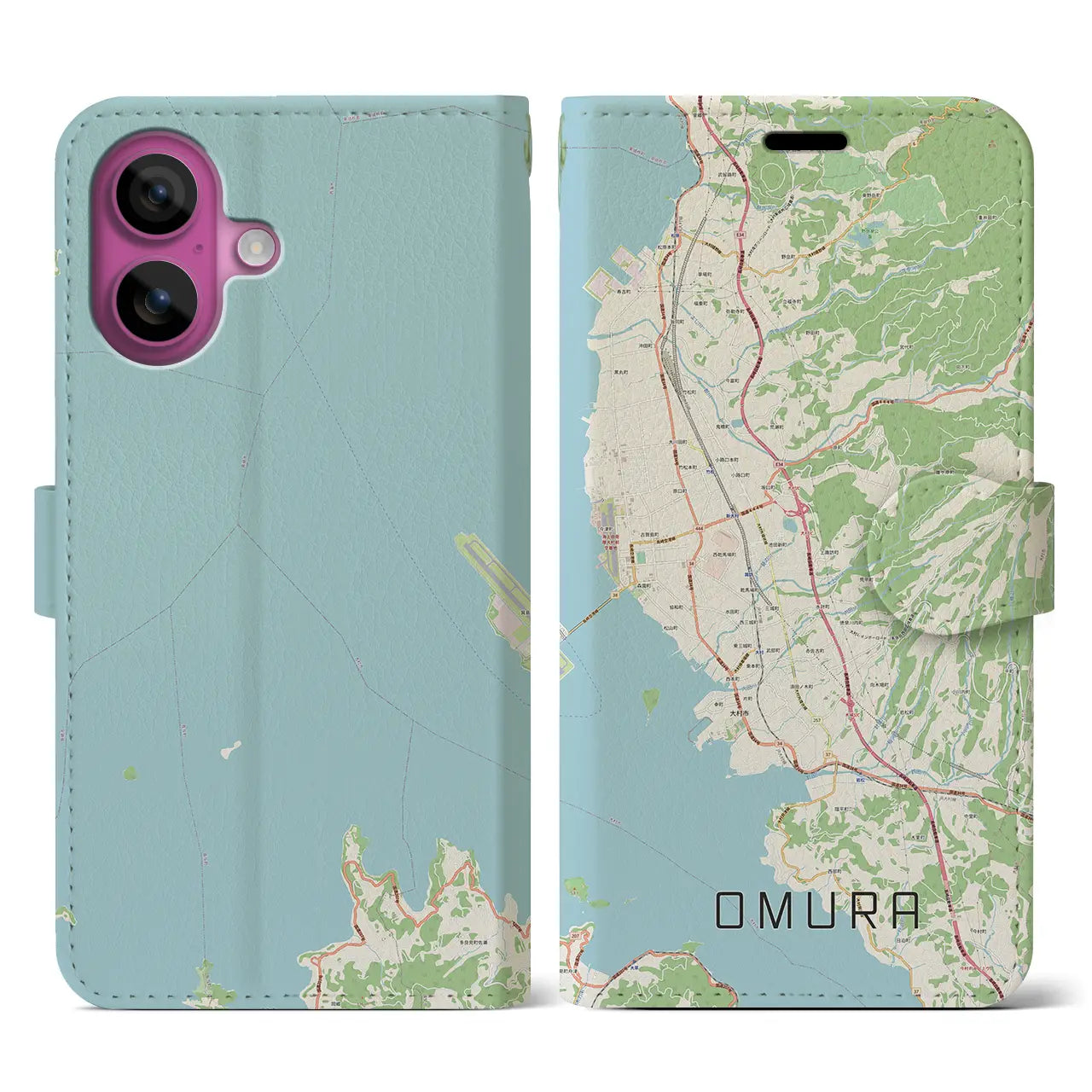 【大村(長崎県)】地図柄iPhoneケース(手帳タイプ)ナチュラル・iPhone 16 Pro 用