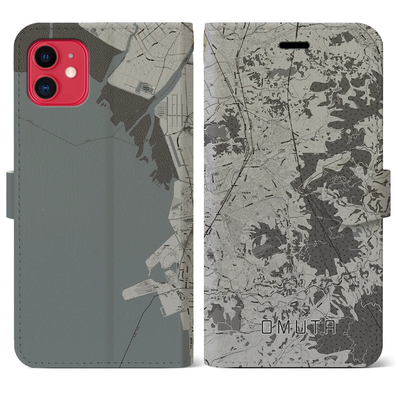 【大牟田(福岡県)】地図柄iPhoneケース(手帳タイプ)モノトーン・iPhone 11 用