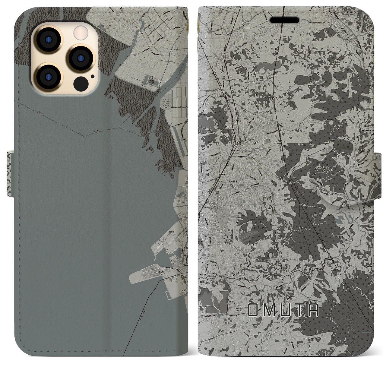 【大牟田(福岡県)】地図柄iPhoneケース(手帳タイプ)モノトーン・iPhone 12 Pro Max 用