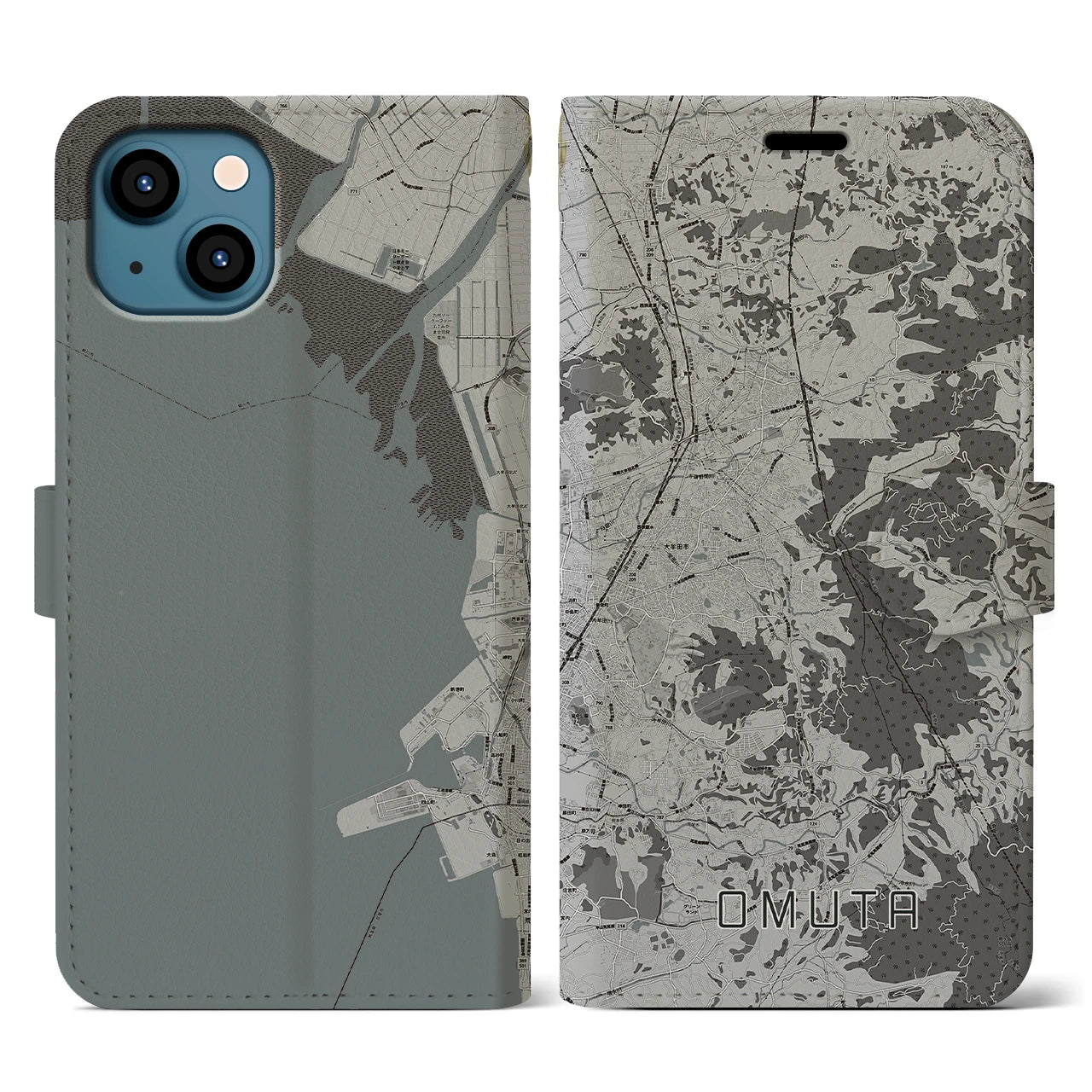 【大牟田(福岡県)】地図柄iPhoneケース(手帳タイプ)モノトーン・iPhone 13 用