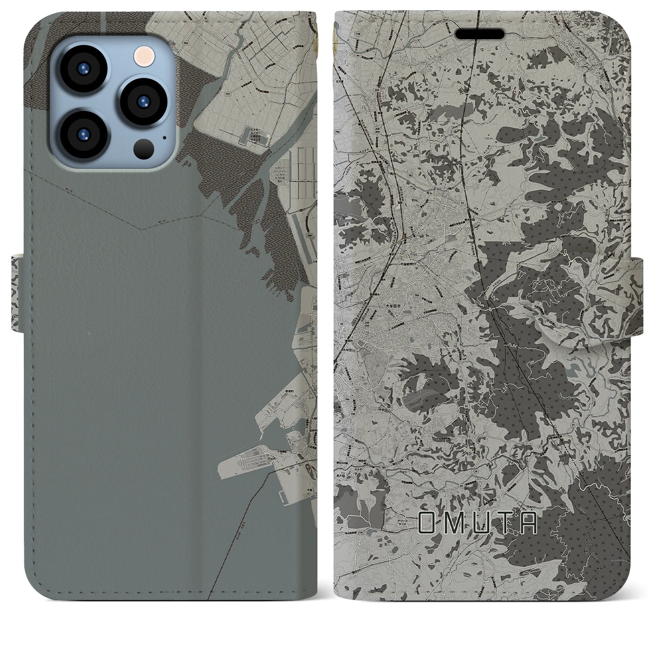 【大牟田(福岡県)】地図柄iPhoneケース(手帳タイプ)モノトーン・iPhone 13 Pro Max 用
