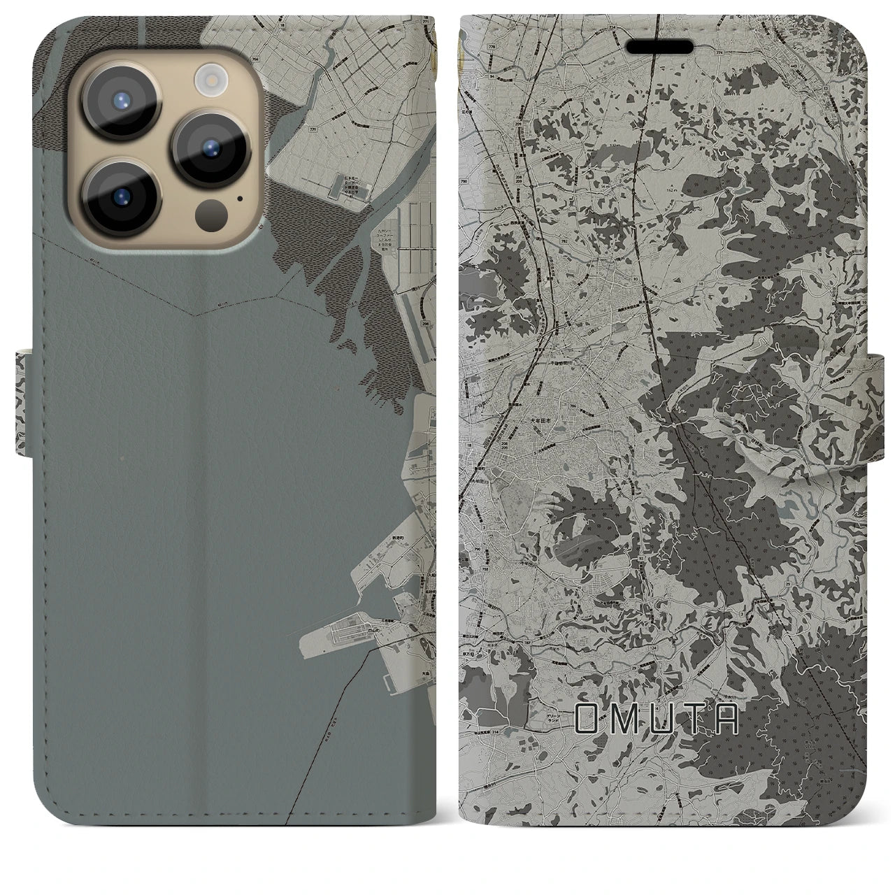 【大牟田(福岡県)】地図柄iPhoneケース(手帳タイプ)モノトーン・iPhone 14 Pro Max 用
