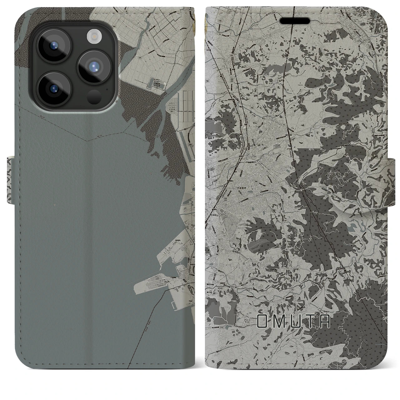 【大牟田(福岡県)】地図柄iPhoneケース(手帳タイプ)モノトーン・iPhone 15 Pro Max 用