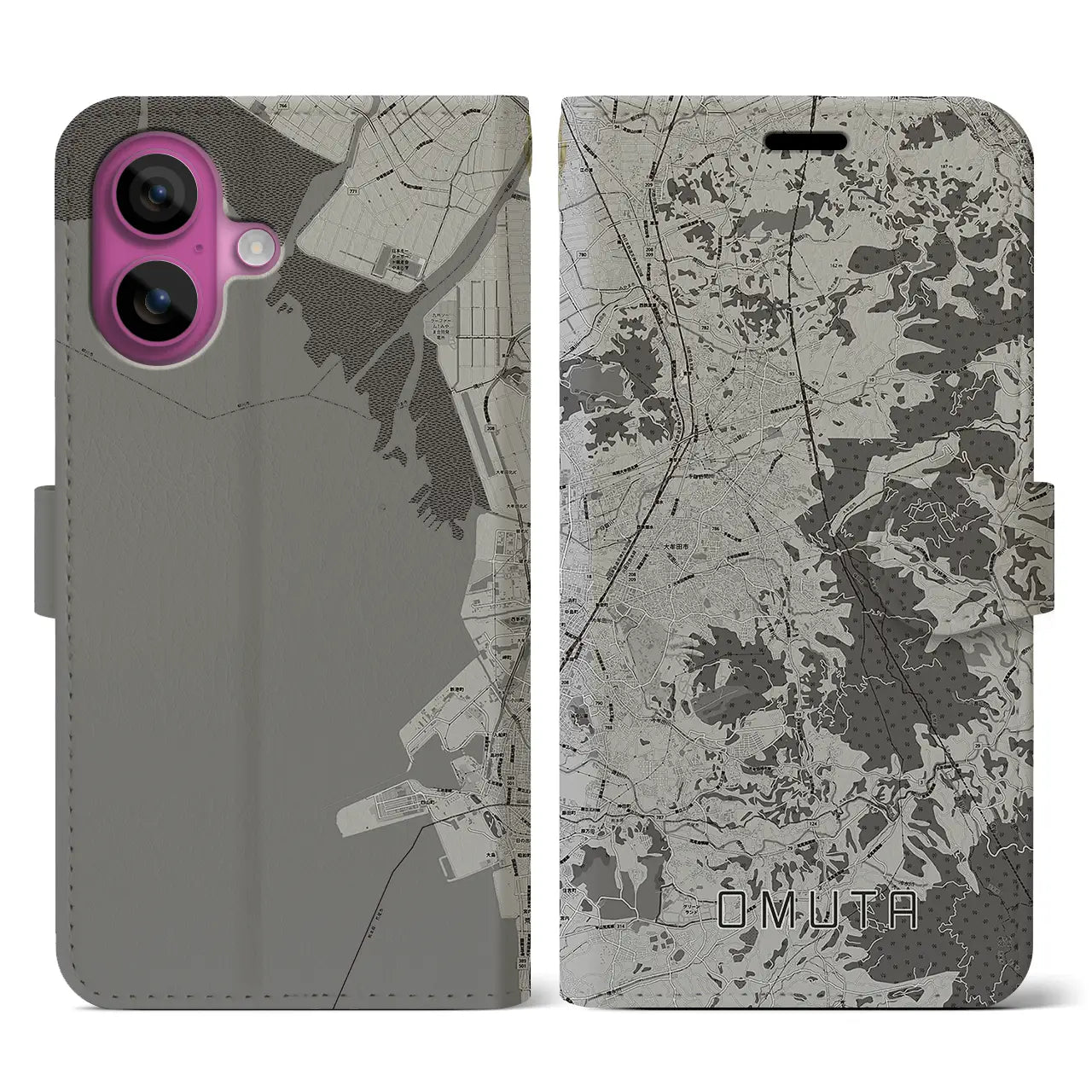 【大牟田(福岡県)】地図柄iPhoneケース(手帳タイプ)モノトーン・iPhone 16 Pro 用
