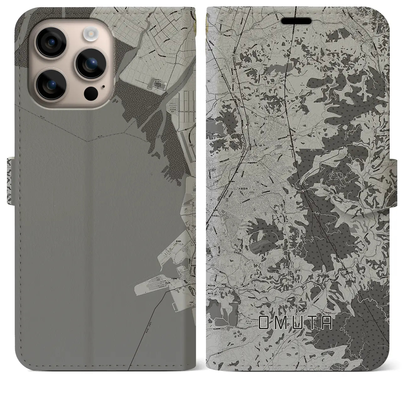 【大牟田(福岡県)】地図柄iPhoneケース(手帳タイプ)モノトーン・iPhone 16 Plus 用