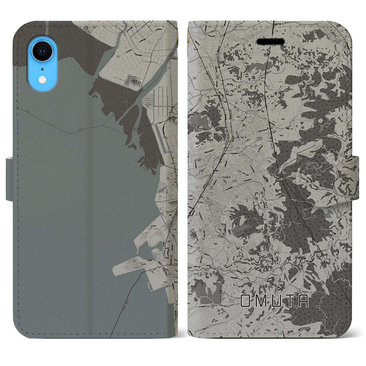 【大牟田(福岡県)】地図柄iPhoneケース(手帳タイプ)モノトーン・iPhone XR 用