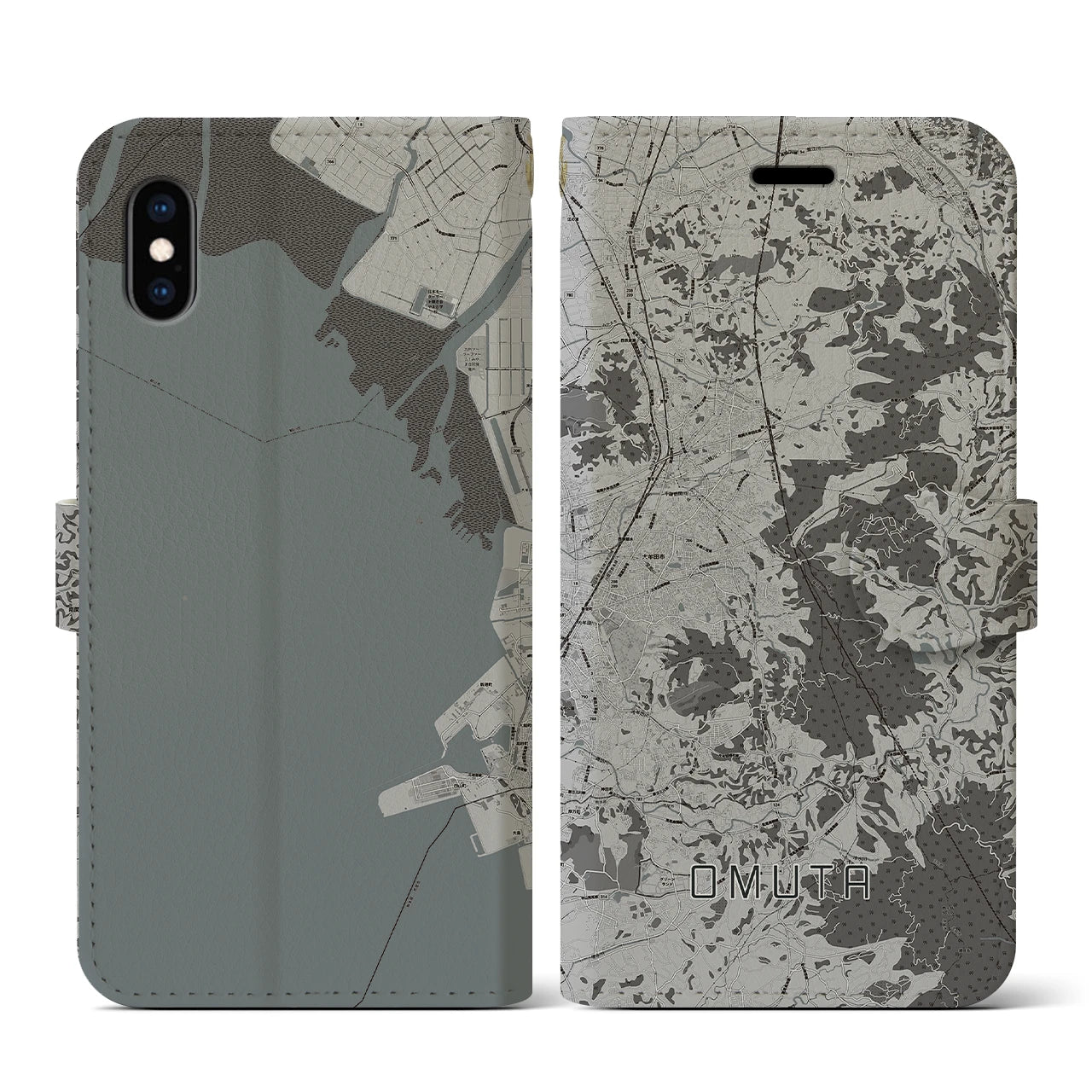 【大牟田(福岡県)】地図柄iPhoneケース(手帳タイプ)モノトーン・iPhone XS / X 用