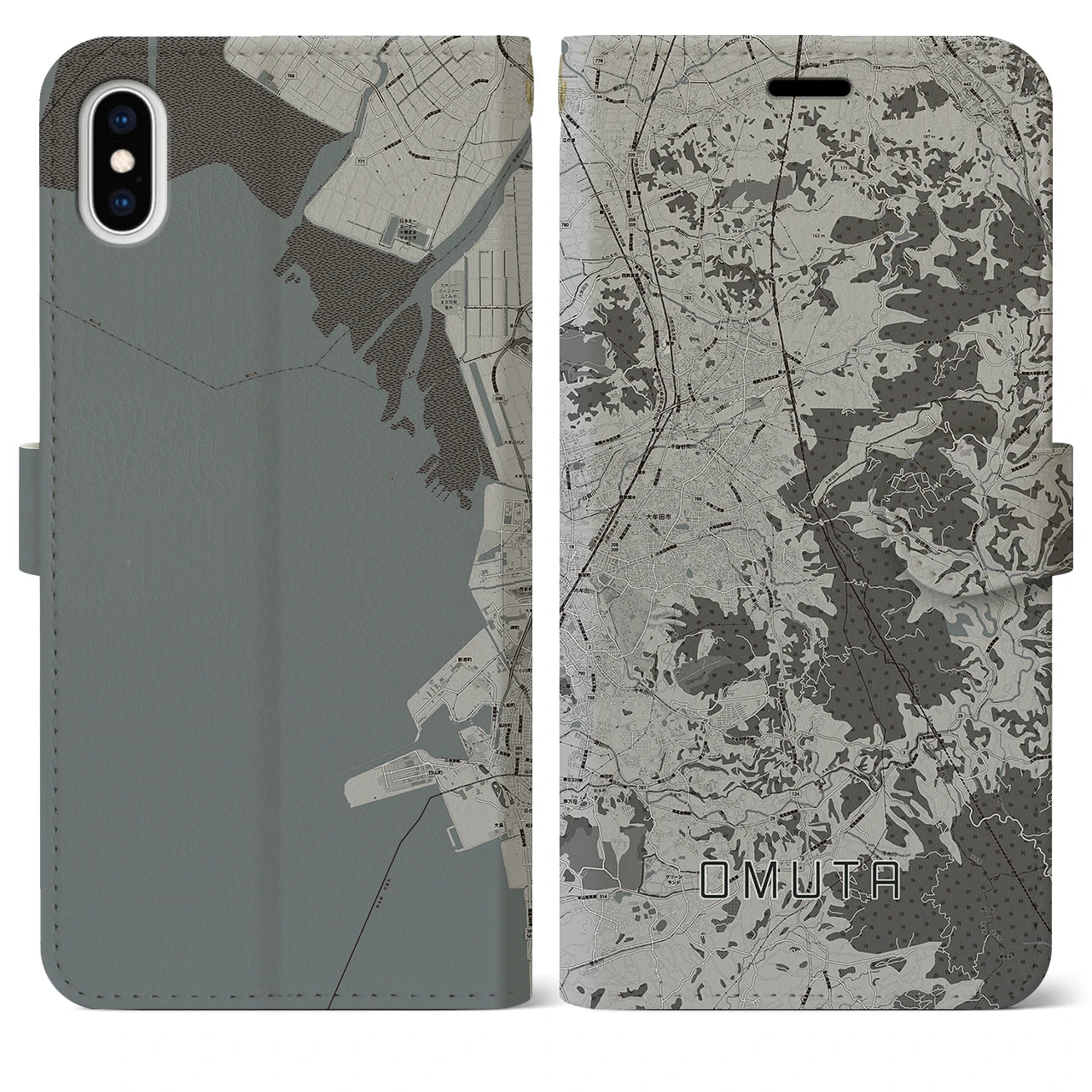 【大牟田(福岡県)】地図柄iPhoneケース(手帳タイプ)モノトーン・iPhone XS Max 用