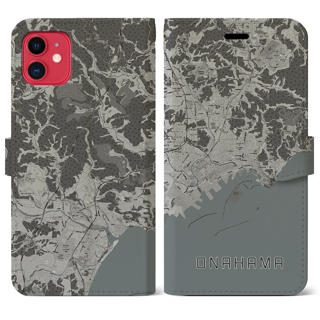 【小名浜(福島県)】地図柄iPhoneケース(手帳タイプ)モノトーン・iPhone 11 用