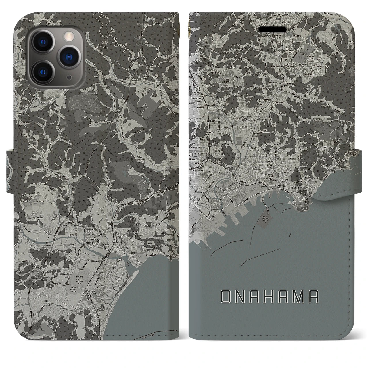 【小名浜(福島県)】地図柄iPhoneケース(手帳タイプ)モノトーン・iPhone 11 Pro Max 用
