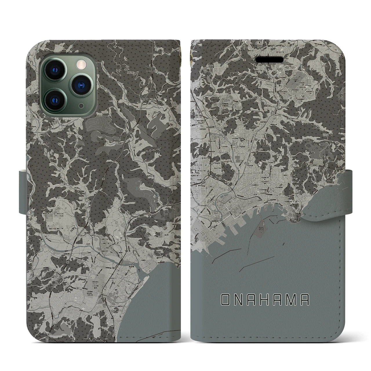 【小名浜(福島県)】地図柄iPhoneケース(手帳タイプ)モノトーン・iPhone 11 Pro 用