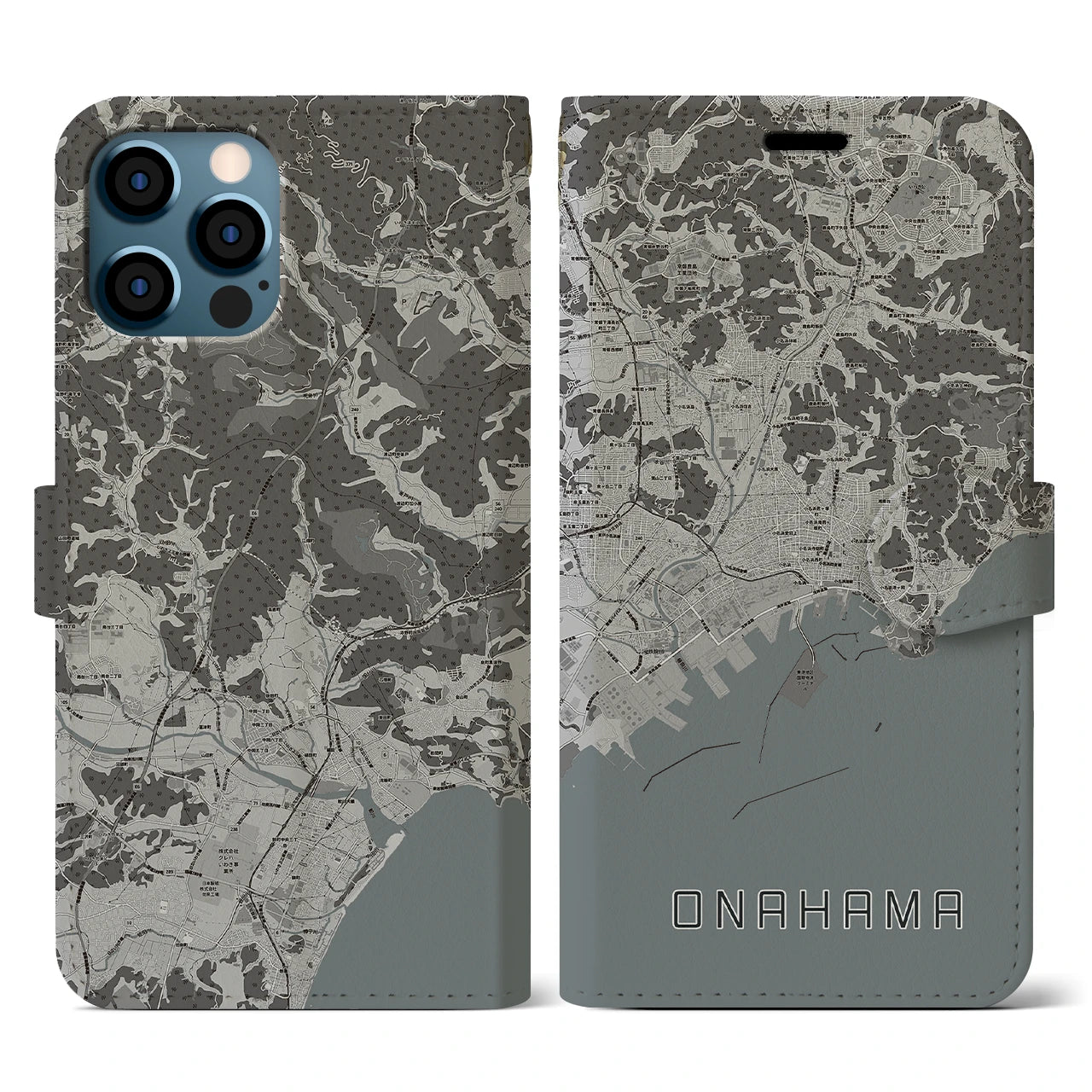 【小名浜(福島県)】地図柄iPhoneケース(手帳タイプ)モノトーン・iPhone 12 / 12 Pro 用