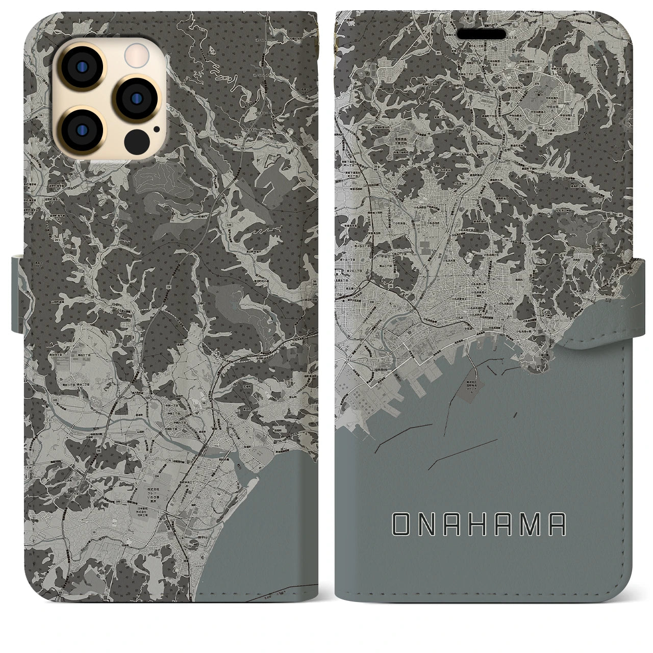 【小名浜(福島県)】地図柄iPhoneケース(手帳タイプ)モノトーン・iPhone 12 Pro Max 用