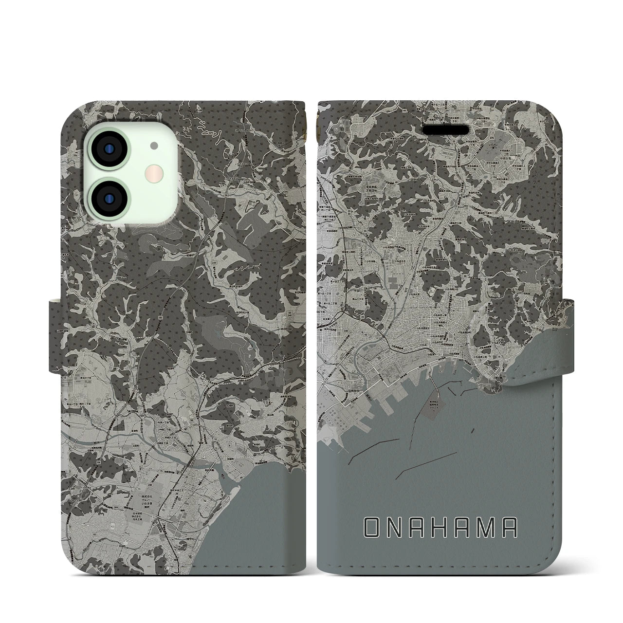【小名浜(福島県)】地図柄iPhoneケース(手帳タイプ)モノトーン・iPhone 12 mini 用