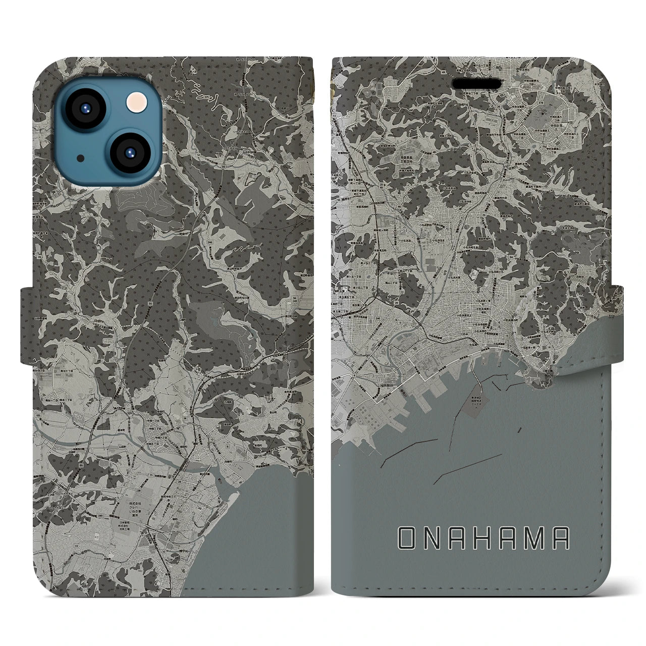 【小名浜(福島県)】地図柄iPhoneケース(手帳タイプ)モノトーン・iPhone 13 用