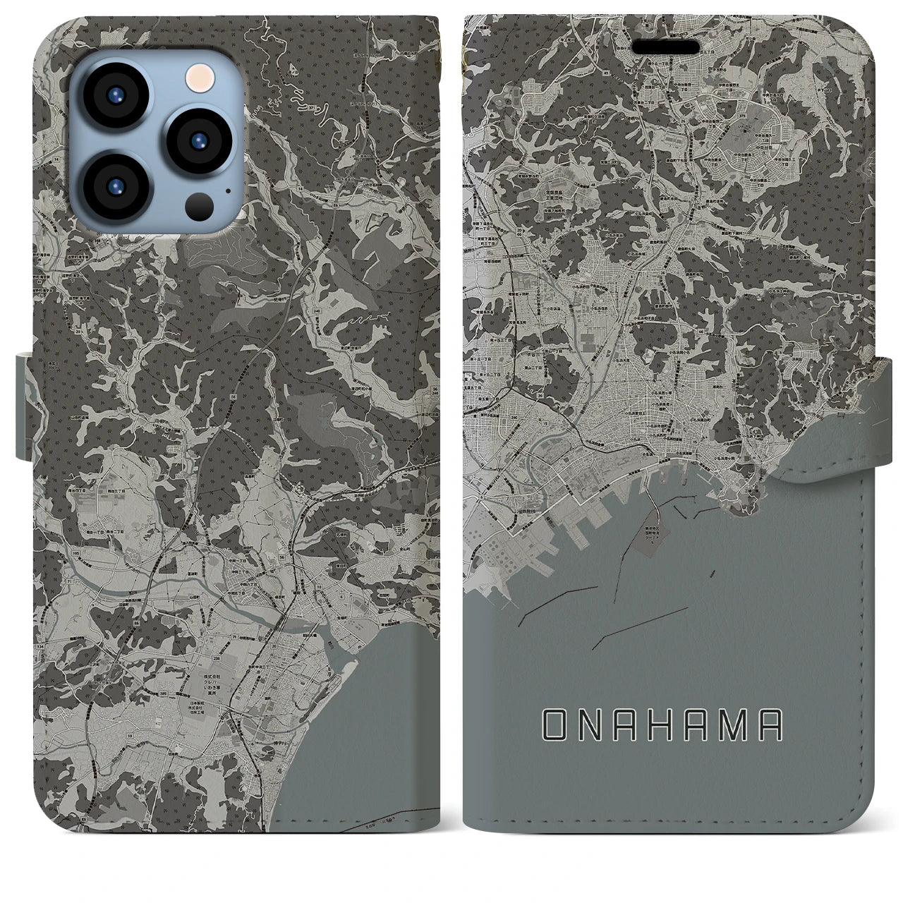 【小名浜(福島県)】地図柄iPhoneケース(手帳タイプ)モノトーン・iPhone 13 Pro Max 用