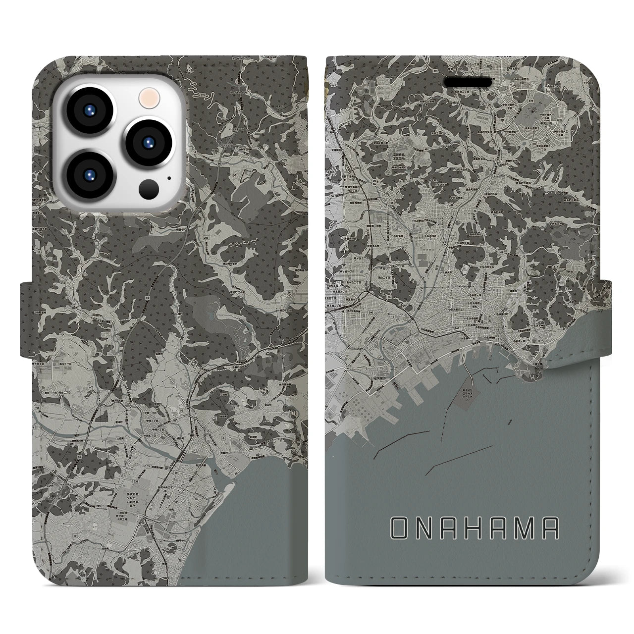 【小名浜(福島県)】地図柄iPhoneケース(手帳タイプ)モノトーン・iPhone 13 Pro 用