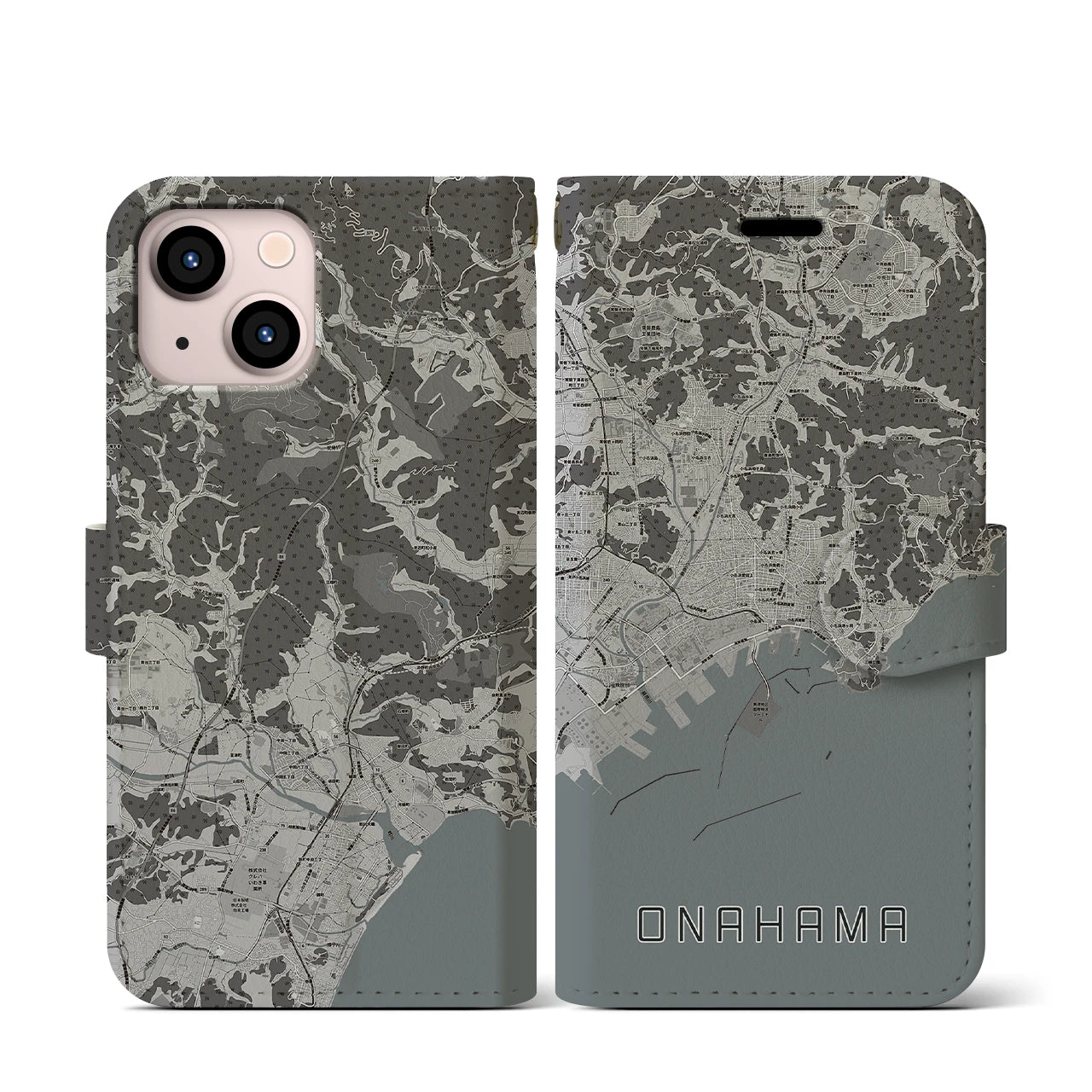 【小名浜(福島県)】地図柄iPhoneケース(手帳タイプ)モノトーン・iPhone 13 mini 用