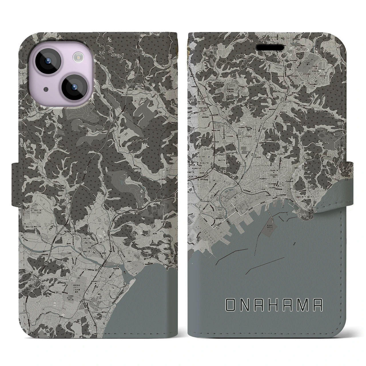 【小名浜(福島県)】地図柄iPhoneケース(手帳タイプ)モノトーン・iPhone 14 用