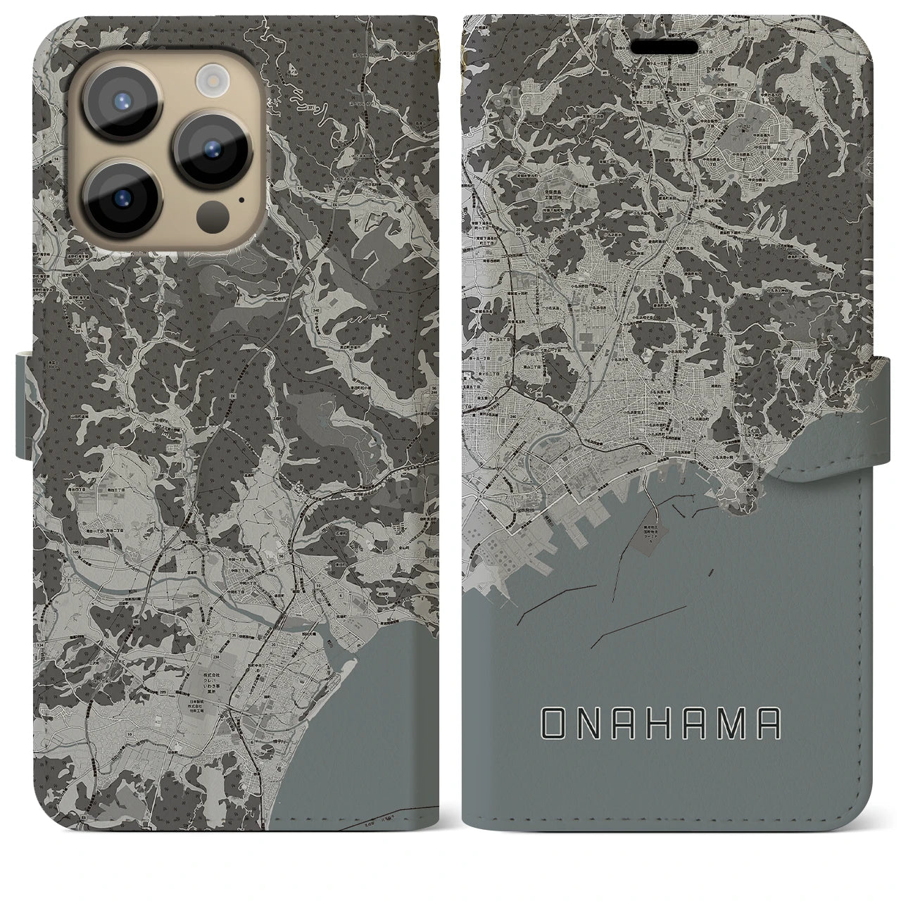 【小名浜(福島県)】地図柄iPhoneケース(手帳タイプ)モノトーン・iPhone 14 Pro Max 用