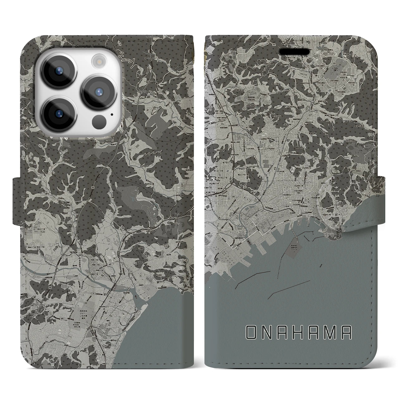 【小名浜(福島県)】地図柄iPhoneケース(手帳タイプ)モノトーン・iPhone 14 Pro 用