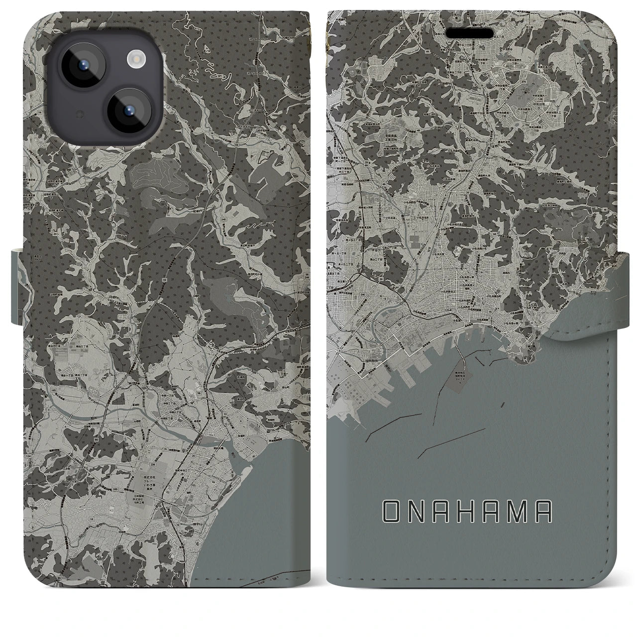 【小名浜(福島県)】地図柄iPhoneケース(手帳タイプ)モノトーン・iPhone 14 Plus 用