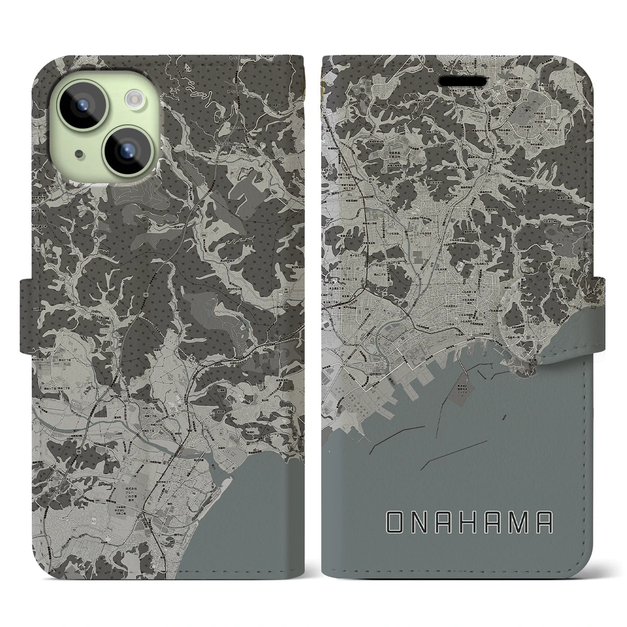 【小名浜(福島県)】地図柄iPhoneケース(手帳タイプ)モノトーン・iPhone 15 用