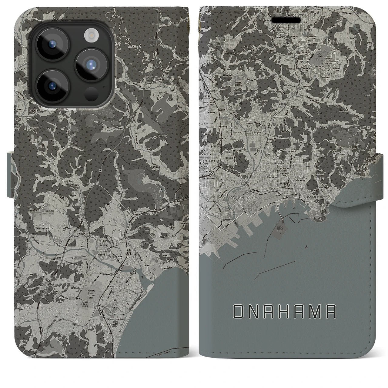 【小名浜(福島県)】地図柄iPhoneケース(手帳タイプ)モノトーン・iPhone 15 Pro Max 用