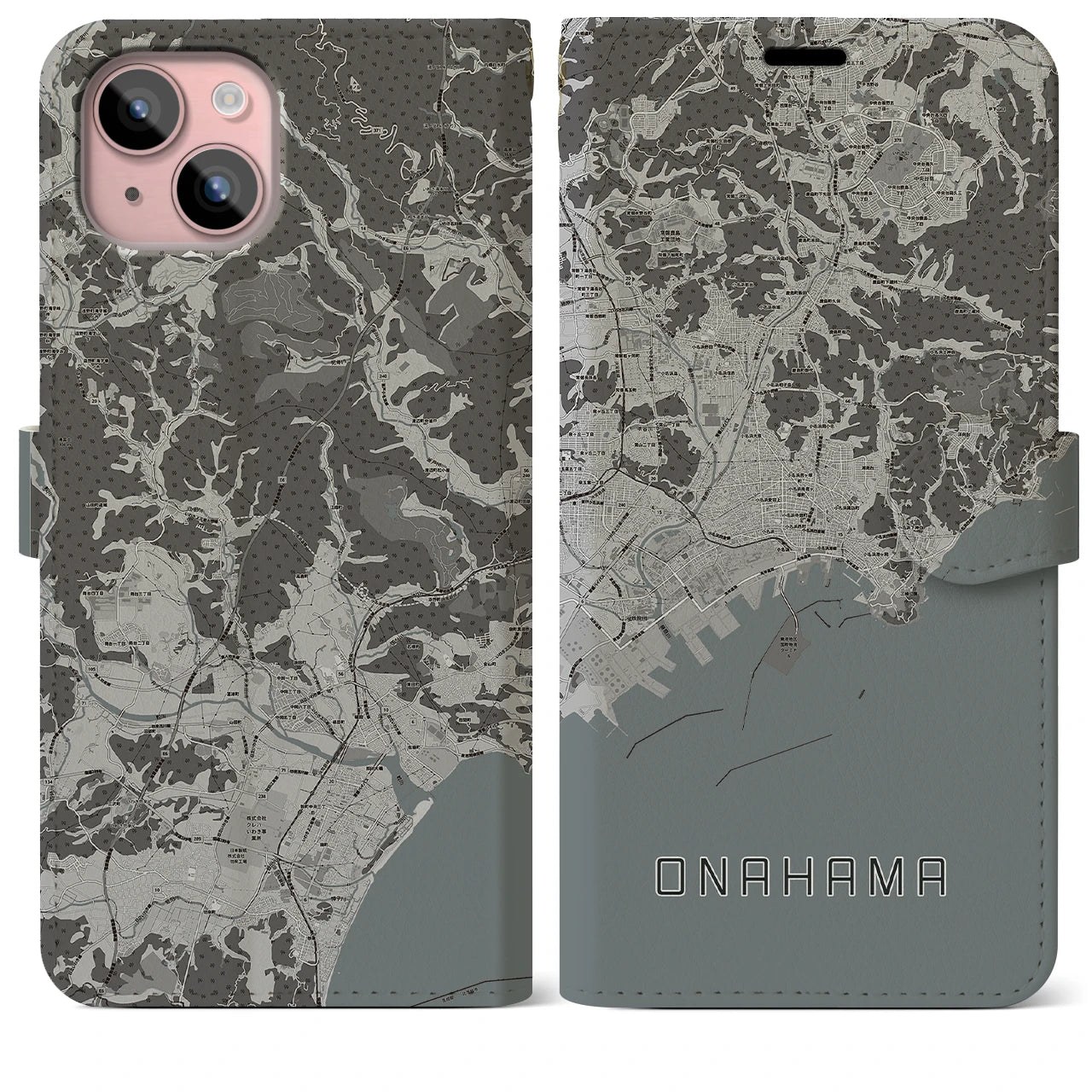 【小名浜(福島県)】地図柄iPhoneケース(手帳タイプ)モノトーン・iPhone 15 Plus 用