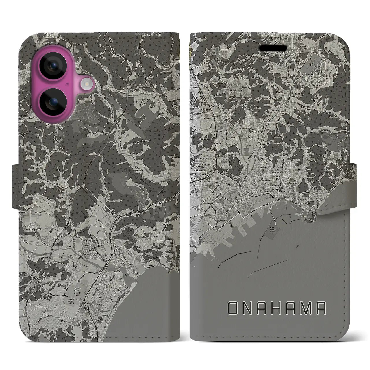 【小名浜(福島県)】地図柄iPhoneケース(手帳タイプ)モノトーン・iPhone 16 Pro 用
