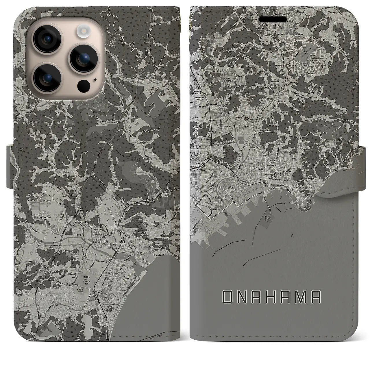 【小名浜(福島県)】地図柄iPhoneケース(手帳タイプ)モノトーン・iPhone 16 Plus 用