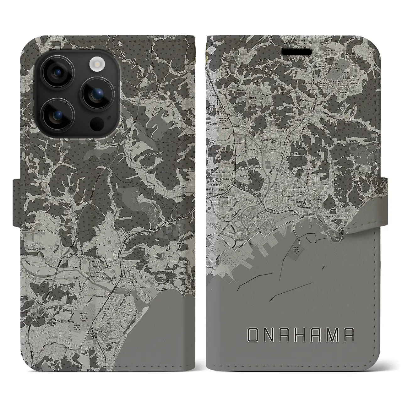 【小名浜(福島県)】地図柄iPhoneケース(手帳タイプ)モノトーン・iPhone 16 用