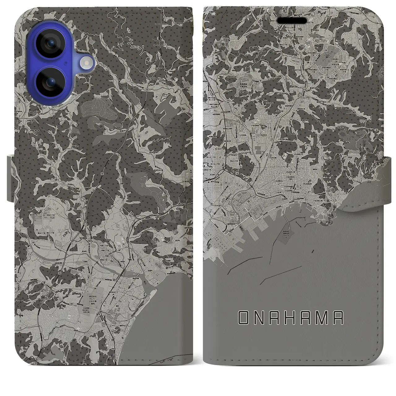 【小名浜(福島県)】地図柄iPhoneケース(手帳タイプ)モノトーン・iPhone 16 Pro Max 用