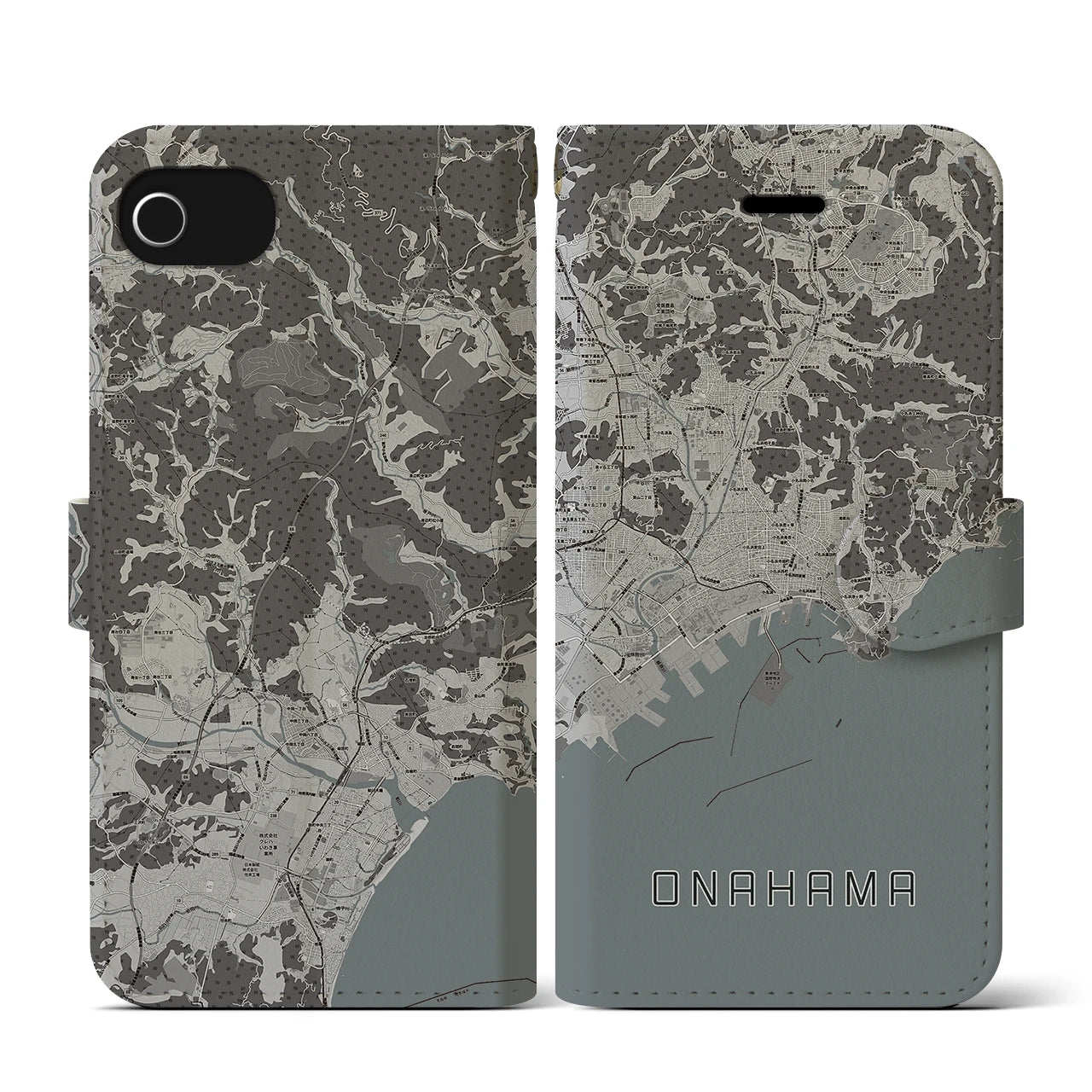 【小名浜(福島県)】地図柄iPhoneケース(手帳タイプ)モノトーン・iPhone SE(第3 / 第2世代) / 8 / 7 / 6s / 6 用