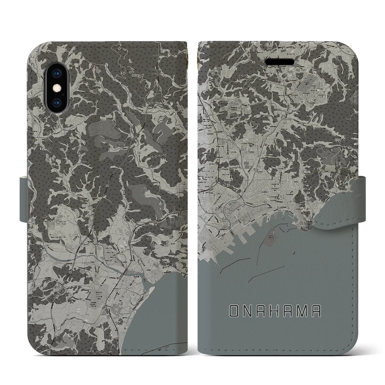 【小名浜(福島県)】地図柄iPhoneケース(手帳タイプ)モノトーン・iPhone XS / X 用